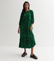New Look Green Animal Print 3/4 Puff Sleeve Tiered Midi Smock Dress